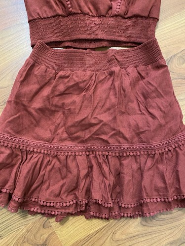 EXPRESS dunkelrotes Leinenmischung Crop Top und Pull-On Rock 2-teiliges Set Outfit Small - Bild 3 von 11