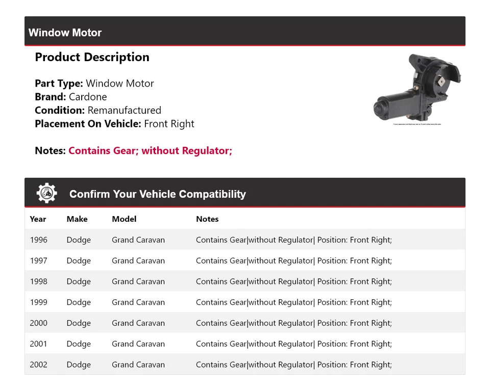 For 1996-2002 Dodge Grand Caravan Window Motor Front Right Cardone 1997 1998 - Image 2 of 4