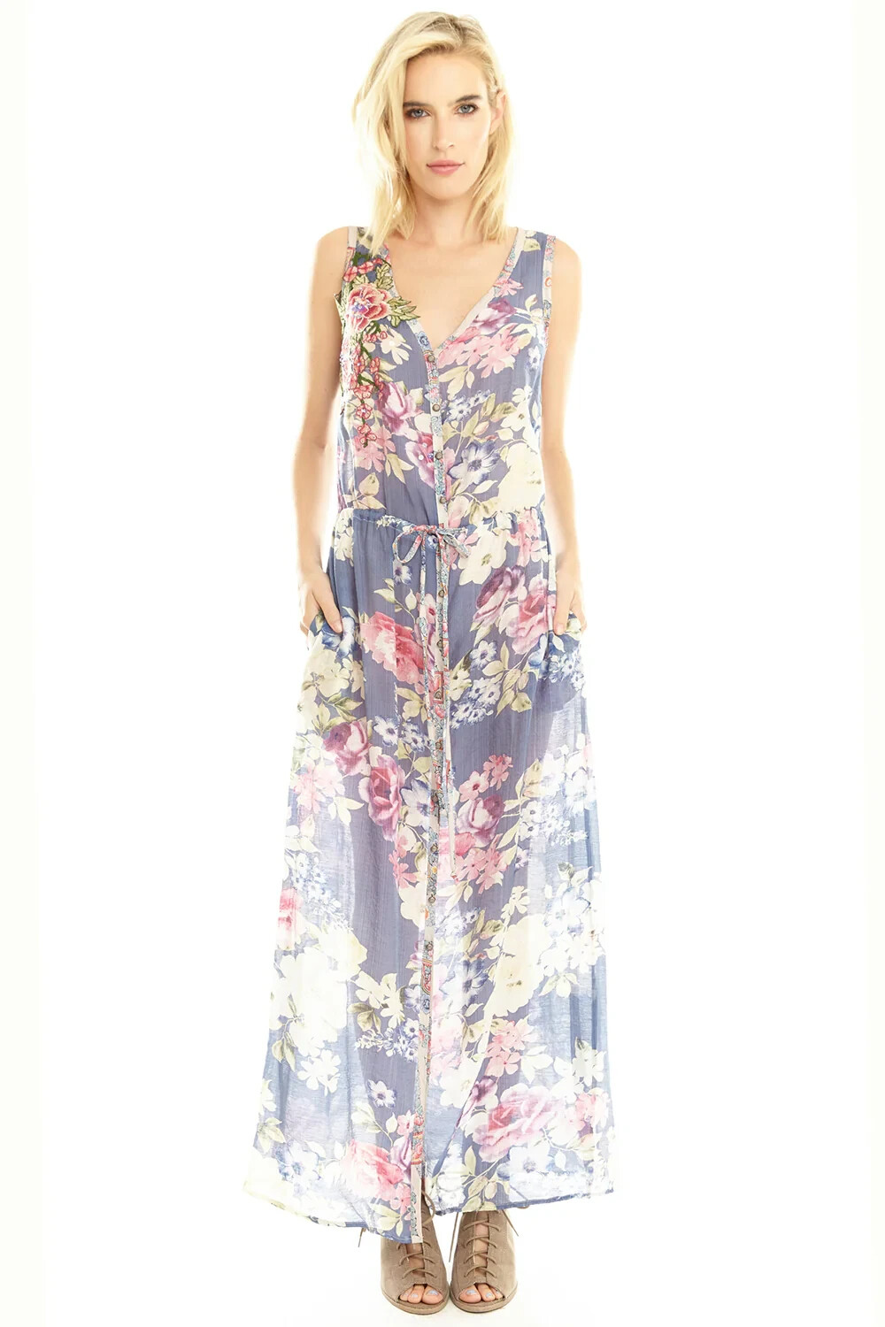 Aratta Walk Of Fame Blue Floral Flowy Maxi Dress Xs Bohemian Romantic