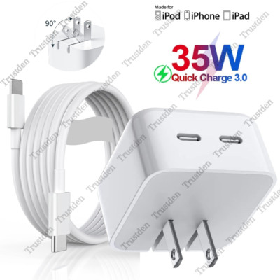 35W Dual USB-C Port Fast Charging Block PD Cable For iPhone 13/12/11 8 iPad iPod