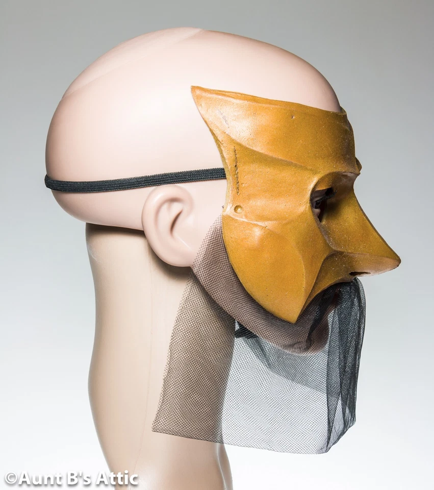 Mardi Gras Mask Gold Latex Fox/Wolf Venetian Eye Mask With Black Netted Drape - Image 2 of 2