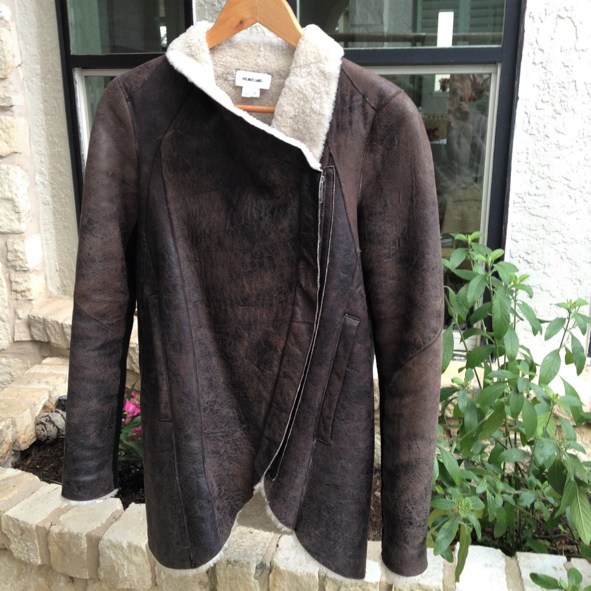 HELMUT LANG $2,195 WEATHERED LEATHER SHEARLING JACKET COAT SIZE P