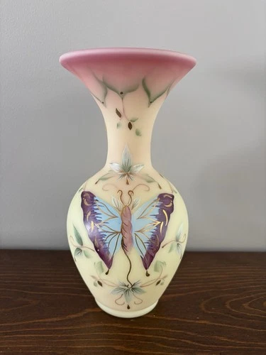 Fenton Burmese Papillon Butterfly Hand Painted Vase 1998