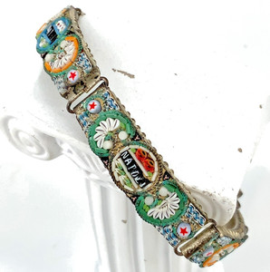 Vintage Italian Micro Mosaic Glass Brass Tone Grand Tour Napoli Link Bracelet