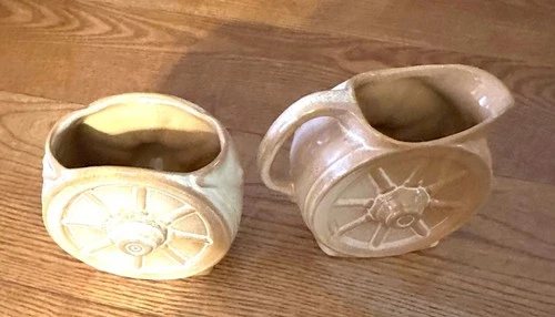 Vintage Frankoma Pottery  Tan  Wagon Wheel Sugar Bowl and creamer