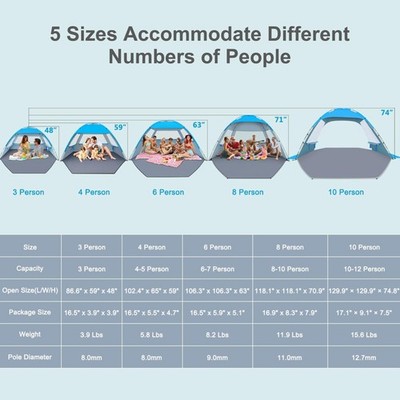 Beach Tent Sun Shelter for 3/4/6/8/10 Person with UPF 50＋ UV Protection, Ligh...