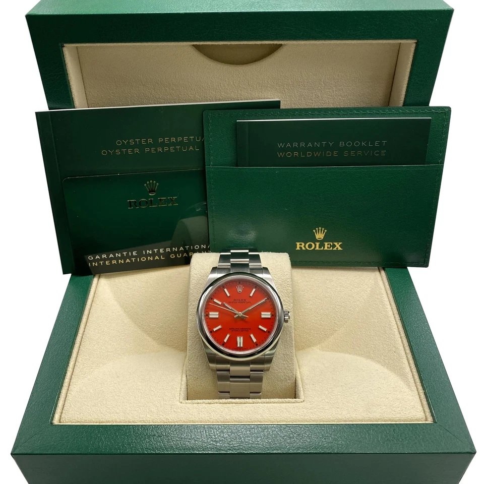 Rolex Oyster Perpetual Steel Custom Coral Red Dial Automatic Mens Watch 124300