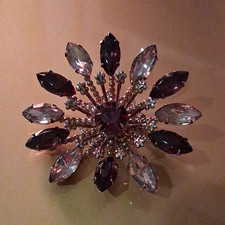 Starburst Brooch Pin Silver Tone, purple  clear rhinestone