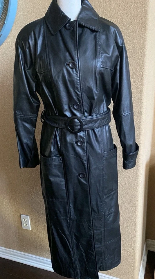 Vtg Leather Long Black Trench Coat Women PS Petite S Belt Avanti Jacket  - Image 2 of 4