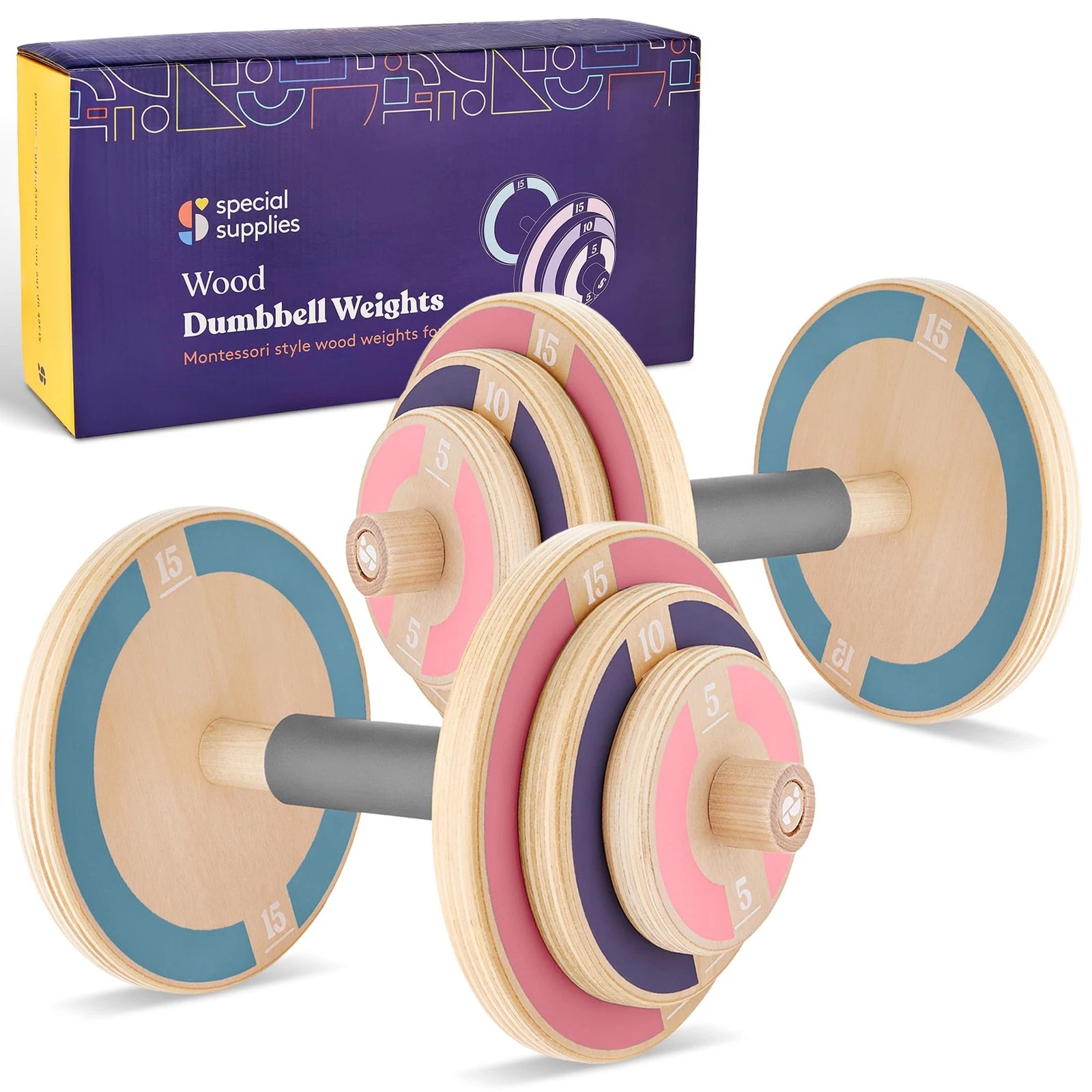 Wooden Workout Play Weights Set - Adjustable Dumbbells and Barbell Set for Ho...