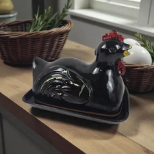 Vtg Black Brood Hen Chicken Covered Butter Dish Primitive Farmhouse Kitchen Deco