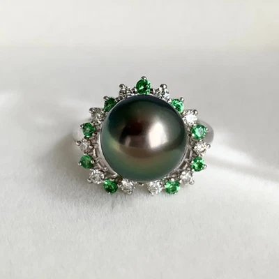 Bague AAA 10,8 mm paon perles de Tahiti diamant et tsavorite or blanc massif ... - Photo 1/4