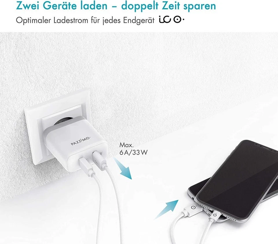 Pazzimo Netz-Ladegerät 6A USB-C + USB-A Qualcomm Quick Charge QC 3.0 Netzteil - Bild 2 von 4