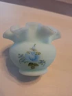 Fenton Satin Glass Ruffled Rose Bowl Vase with Blue Roses 1970'S -80's