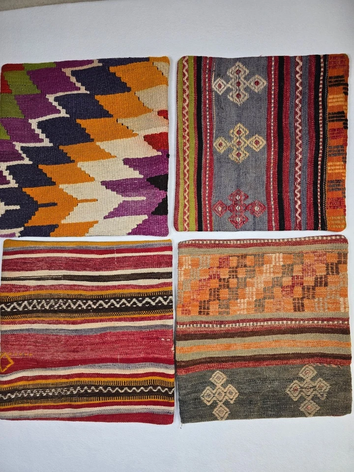 4 Fundas de Almohada Kilim 19"x19" Étnicas Boho Lana Yute Marroquí Indio Geométrico Foto 2 de 3