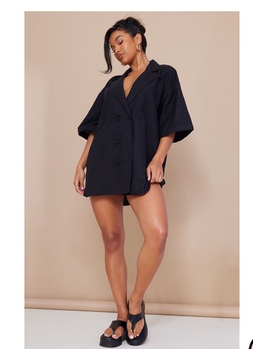 PLT Black Linen Look Oversized Double Breasted Short Sleeve Blazer Dress UK 10 - Picture 4 of 10