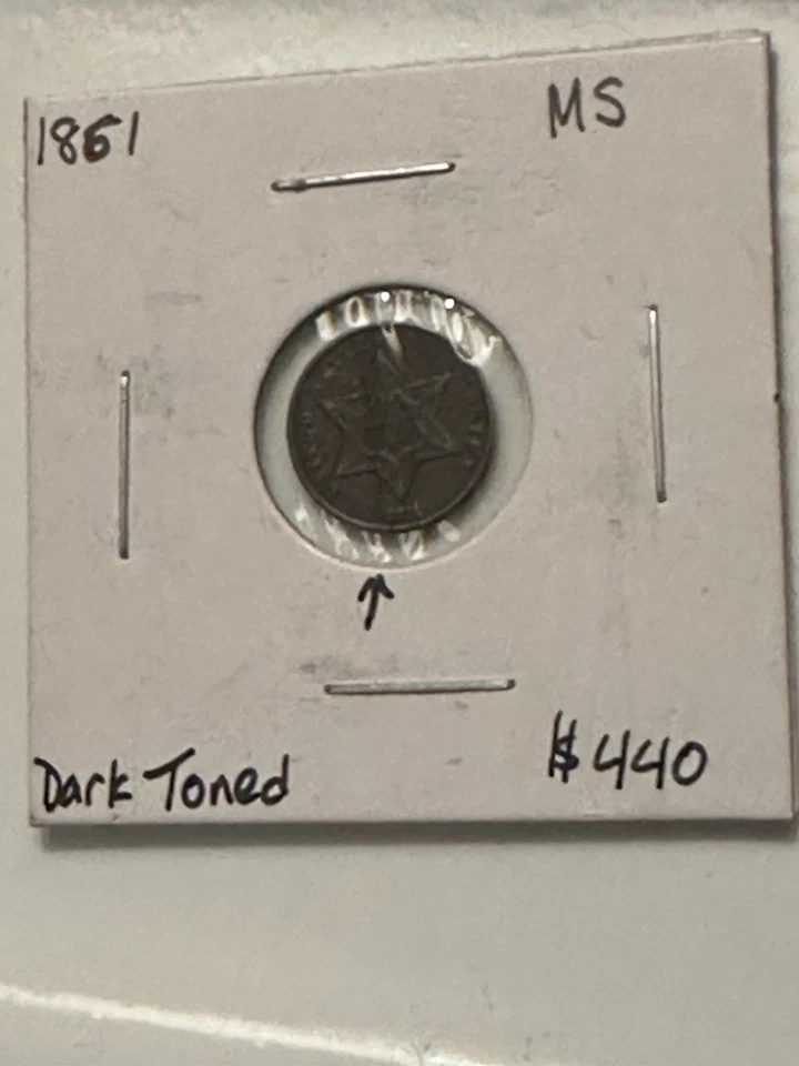 Серебряная монета номиналом 3 цента 1861 с отделкой — дата гражданской войны, состояние как новая — тонировка — красивая! - Изображение 2 из 4
