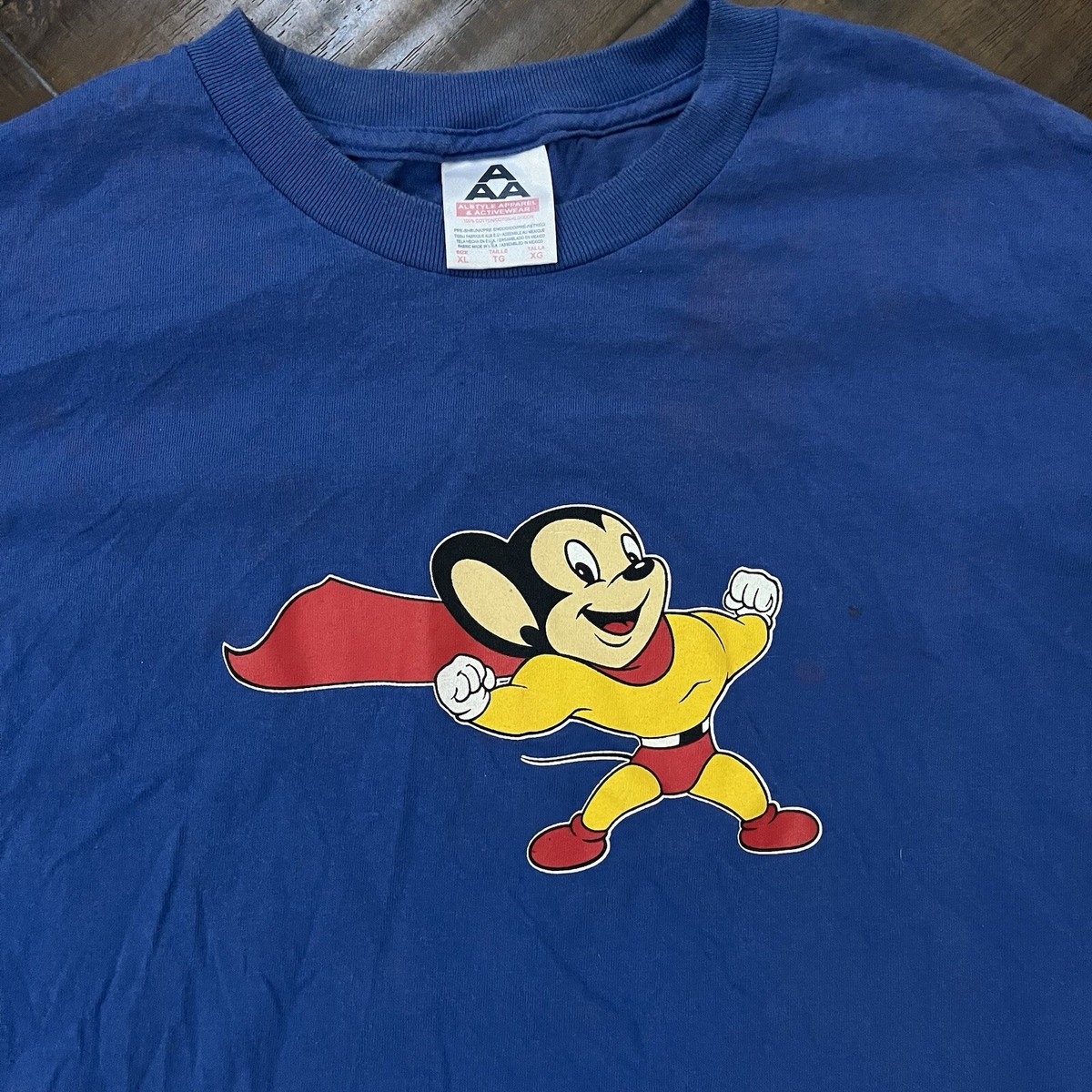 Vintage Mighty Mouse T-Shirt Mens XL Blue Cartoon Graphic
