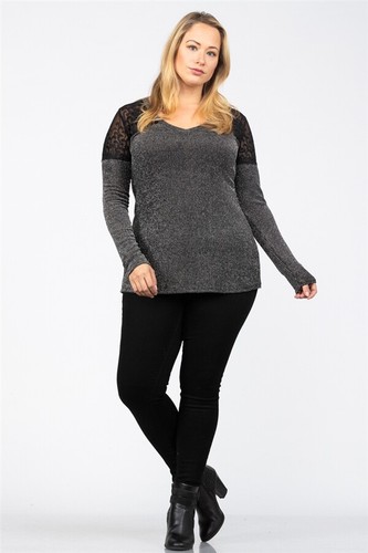 Womens Plus Size Silver Shimmer Top 1XL Black Lace Long Sleeve