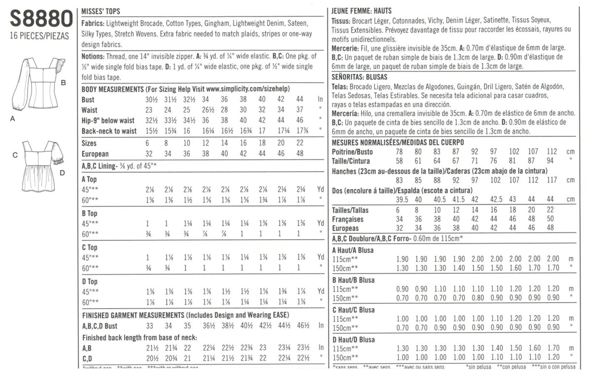 Simplicity S8880 Fitted Empire Waist Tops & Baby Doll Tops