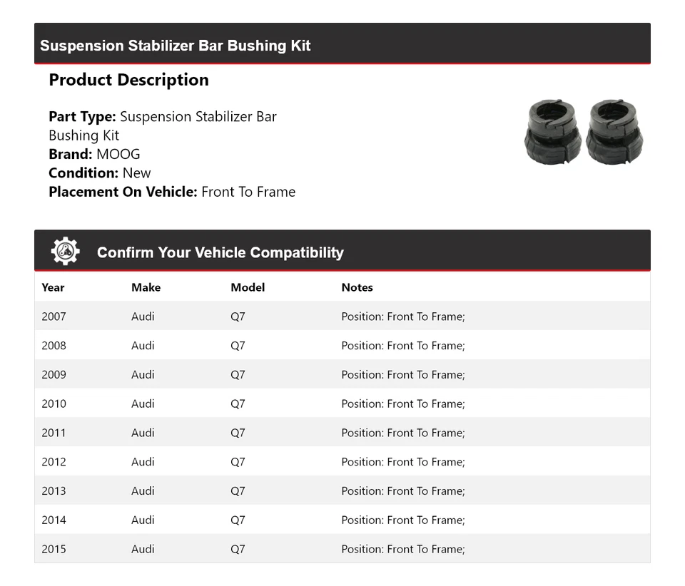 Kit de buje de barra estabilizadora de suspensión delantera a cuadro MOOG para Audi Q7 2007-2015 Foto 2 de 3