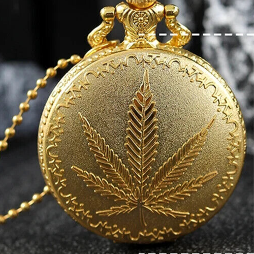 Ahornblatt Hanf Cannabis Blatt 3D Quarz Taschenuhr HALSKETTE Farbe Gold - Bild 2 von 7