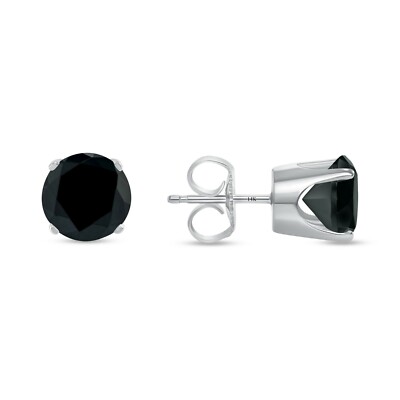 3 Ct Round Cut Black Earrings Crown Set Studs Solid 14K White Gold Push Back