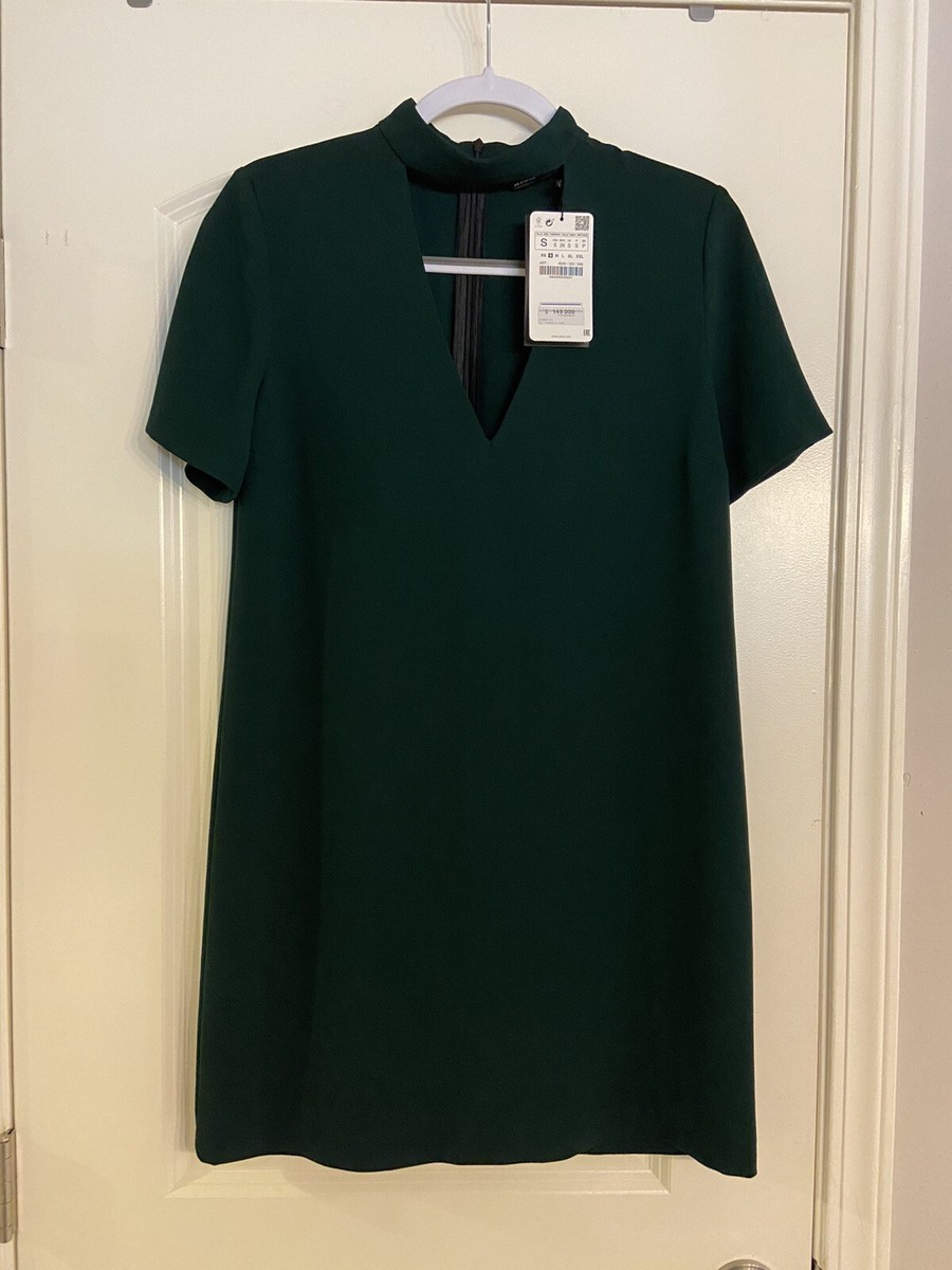 Zara Womens Size Small Choker V Neck Plunge Shift Mini Dress Forest Green  New