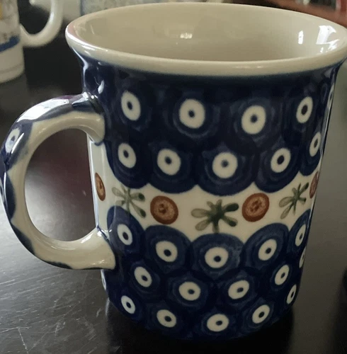 Vintage Blue and White Polish Pottery Wiza Poland Coffee Tea Mug Hand Painted