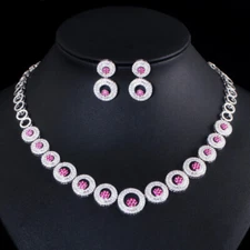 Red CZ Big Round Choker Necklace Earrings Bridal Wedding Banquet Jewelry Set