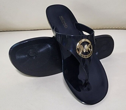 Michael Kors Jelly Flip Flop Sz. 8 Sandals MK Logo Charm Black LIllie Flats New