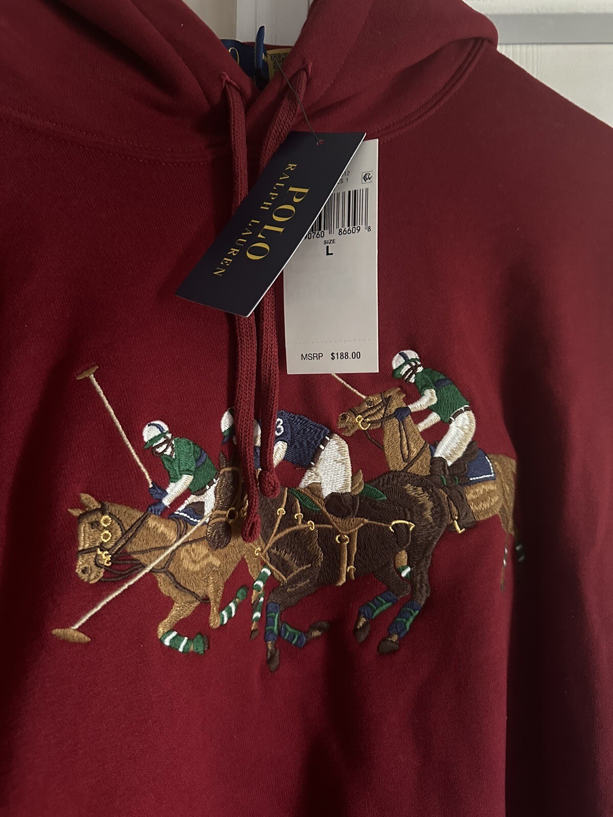 Felpa con cappuccio Polo Ralph Lauren uomo rosso bordeaux triplo pony pile $188 grande nuova con etichette