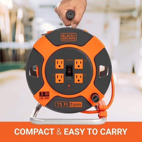 BLACK+DECKER Extension Cord Reels 75ft 4-Outlets Retractable w/14 AWG SJTW Cable - Picture 3 of 4