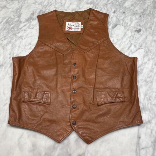 Vintage 1970’s Men’s Leather Vest 43 Reg The Leather Shop Sears Brown Snap West - Picture 2 of 10