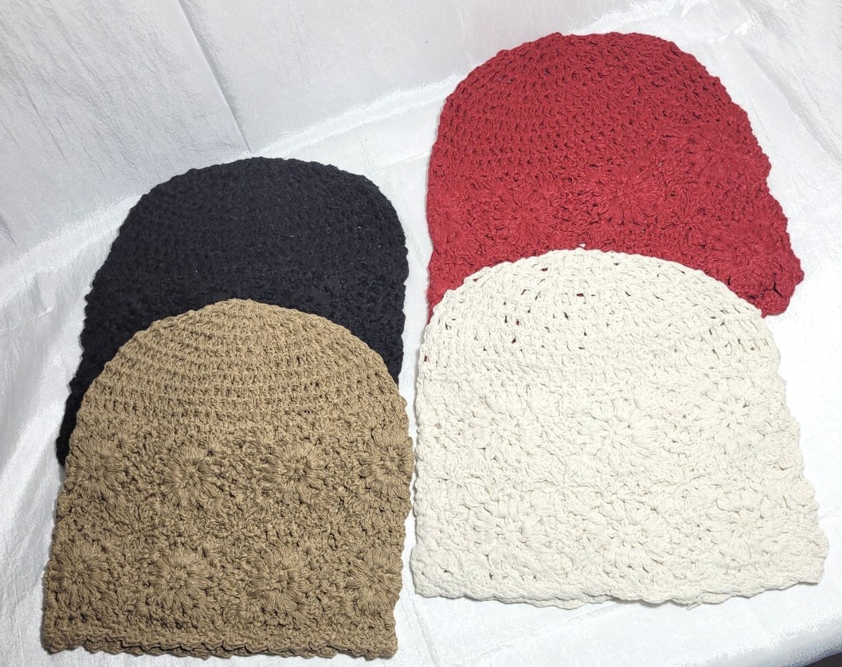 4 Pack Crochet Slouchy Beanie Hats, Knit Floral Cutout Polyester, Summer Fall Summer Beanie with Brim and Flower Crochet Pattern – IraRott  main image 4