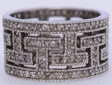 Sterling Silver Greek CZ Key Design Band Ring Big Many Stones Wide Vintage Fine