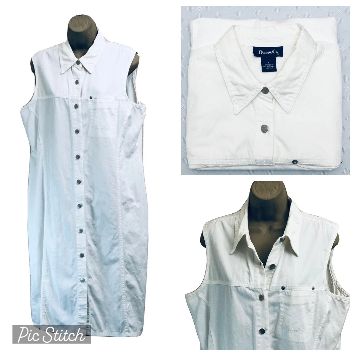Denim & Co. Coverall Dungaree Dress White Cotton Button Pocket
