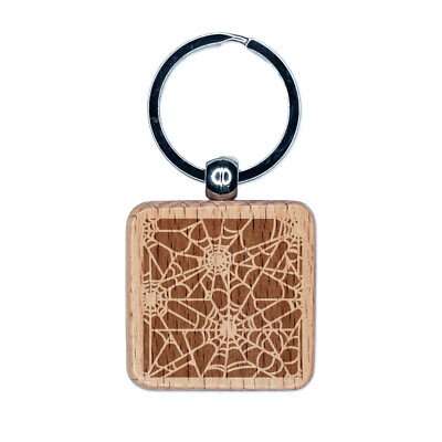 Dark Spider Web Pattern Engraved Wood Square Keychain Tag Charm