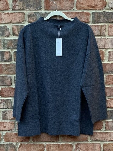 NWT Eileen Fisher Ocean Blue Boiled Wool Funnel Neck Box-Top $298 M