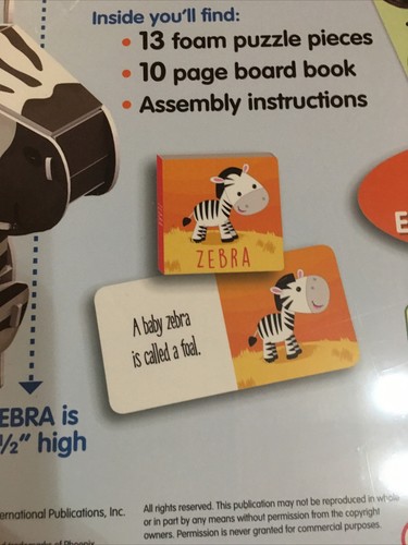 NIB Children’s Interactive Zebra Wildlife 3D Foam Puzzle and Board Book 3 Yrs - Picture 7 of 10
