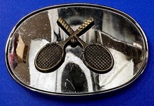 Tennis Racquet's Sports Fan's Vintage Two Tone Reflective Oval Belt Buckle