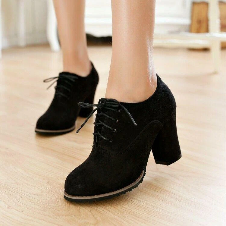 Ladies Lace Up Block High Heel Shoes Round Toe Faux Suede Autumn Shoes Plus Boot