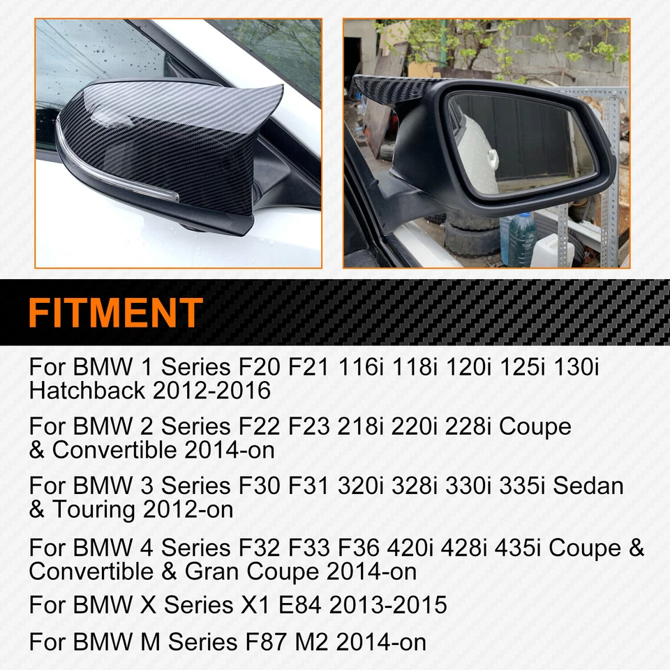 Carbon Fiber Black Side Mirror Cover Caps for BMW 3 Series M3 F20 F30 F31 328i - Image 3 of 4