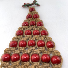 Vintage MCM Macrame Christmas Tree Wall Hanging Retro Boho Red Wood Beads 17"