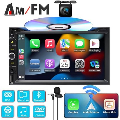 Car Stereo Carplay GPS Bluetooth Radio Double 2Din 7'' CD DVD Player & HD Camera