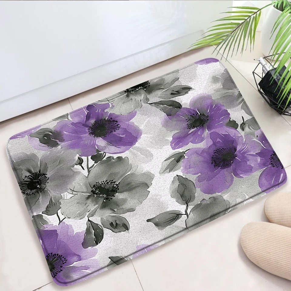 Juego de 1 alfombra de baño flor púrpura acuarela floral rústica alfombra de baño decoración Foto 4 de 4