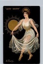 Postcard Beautiful Woman is Sheer Dress with Golden Sun Very Warm Artist Signed