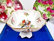 Vintage Limoges France painted bird compote Blossom footed bowl song birds