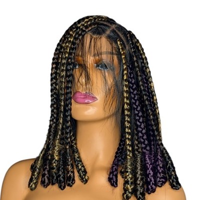 Handmade Short Bob Box Braided Lace Front Wig Black & Blonde Highlight