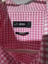 Boss Hugo Boss Mens Pink Gingham Check  Button Down Dress Shirt Sz 17.5 L/S